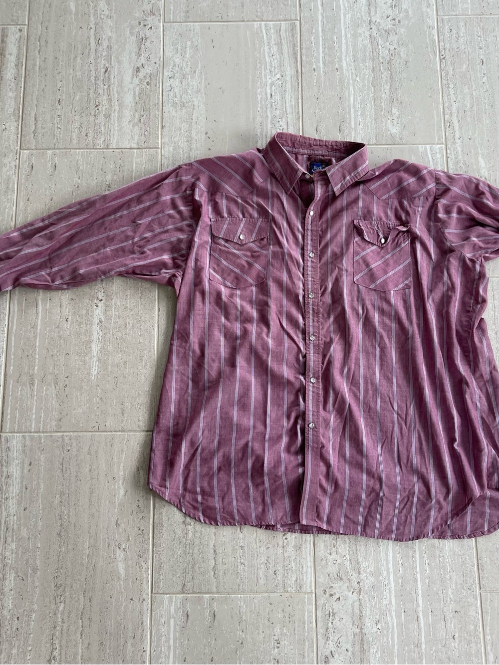 Mens Casual Striped Button-Down Shirt - Dusty Mauve with pearl snaps